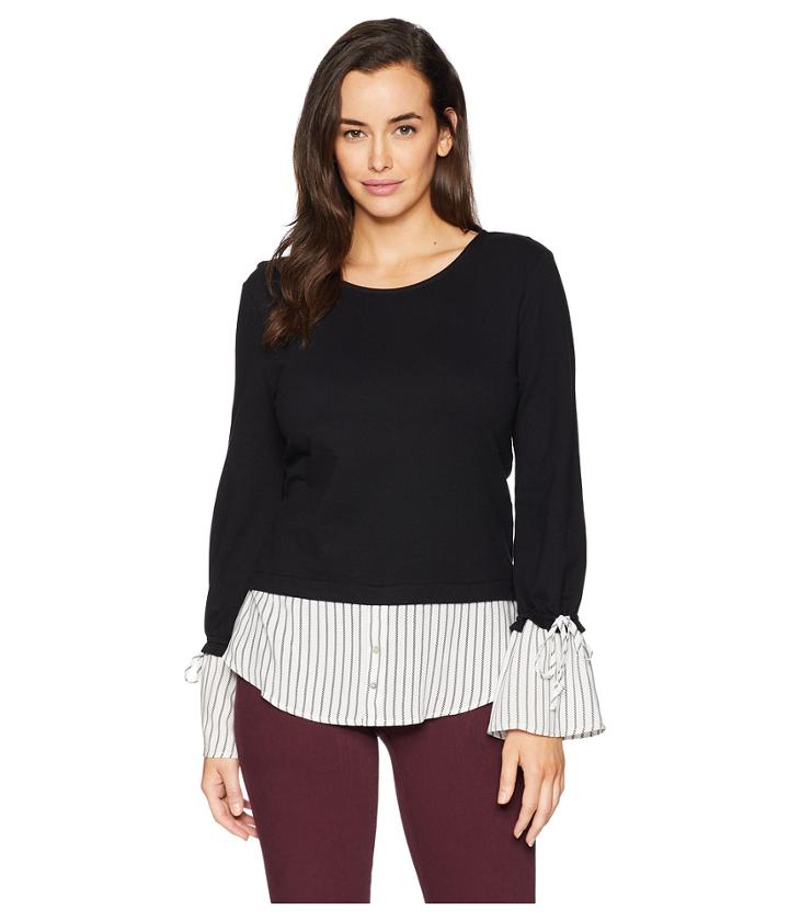 Alexander Jordan Long Sleeve Twofer Front Terry Solid Black Stripe Tie Sleeve (black) Women's Clothing