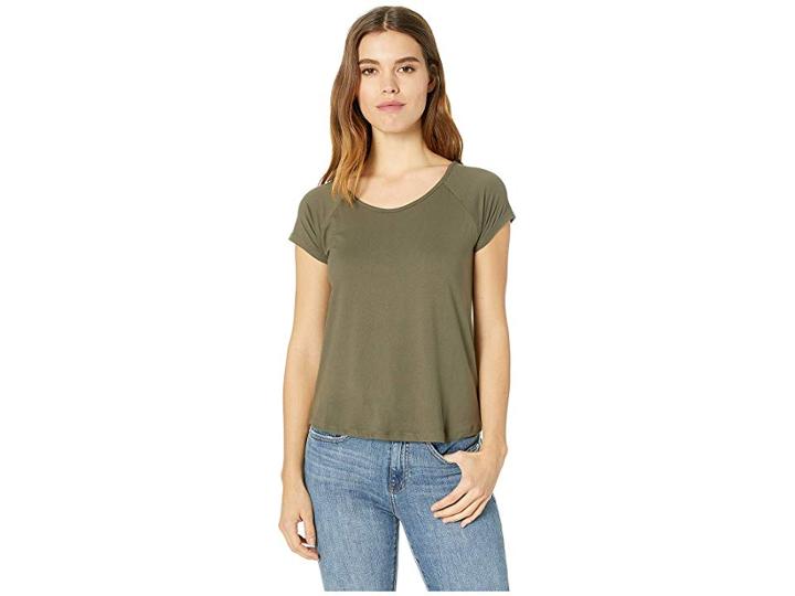 Pink Rose Raglan Short Sleeve Shirttail Top W/ Back Double Crisscross (dusty Camo) Women's Clothing