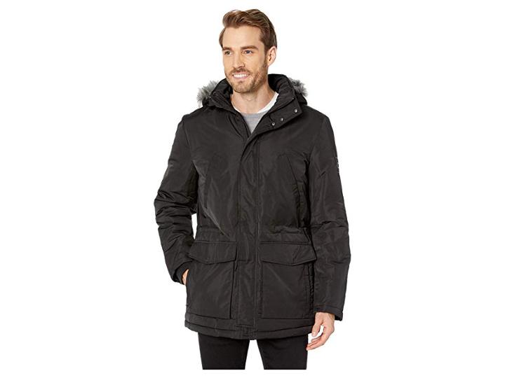 Calvin Klein Nylon Puffer Jacket With Faux Fur Hood (black) Men's Coat