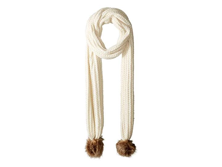 Hat Attack Soft Rib Scarf With Faux Fur Poms (ivory/natural Brown Poms) Scarves