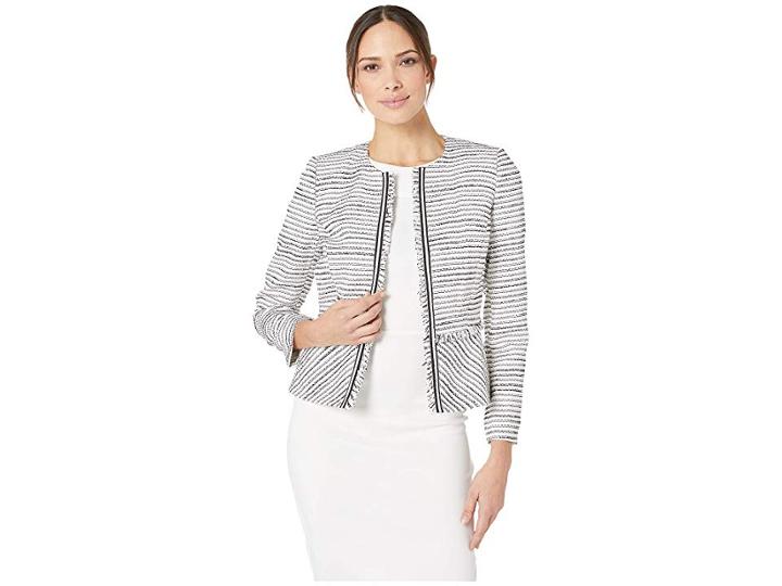 Tahari By Asl Boucle Open Jacket With Frayed Trim (ivory White/back) Women's Clothing