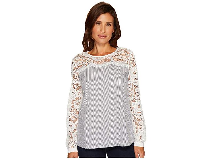 Cece Long Sleeve Yarn-dye Pinstripe Lace Yoke Blouse (ultra White) Women's Blouse