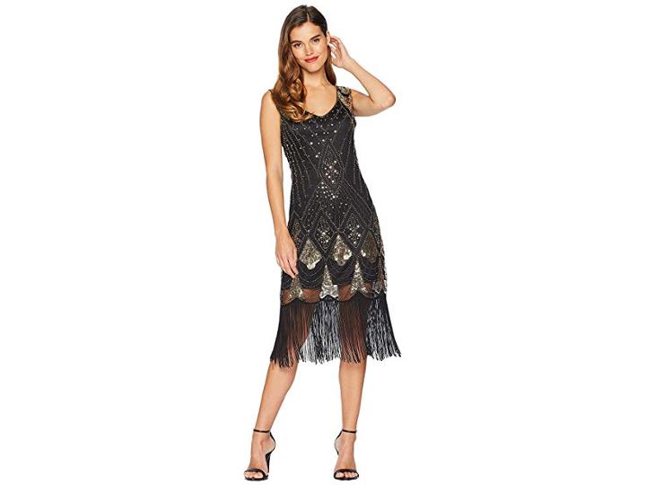 Unique Vintage Sequin Lina Fringe Flapper Dress (black/gold) Women's Dress