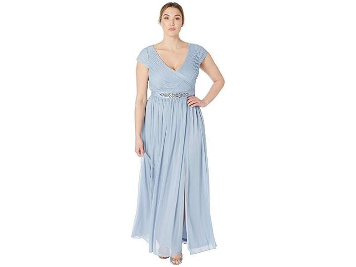 Adrianna Papell Cap Sleeve V-neck Gown With Shirred Bodice (dusty Periwinkle) Women's Dress