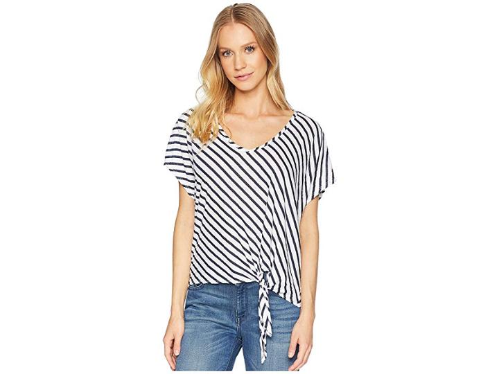 Michael Stars Rivera Stripe Soft V-neck Top With Front Tie (white) Women's Clothing