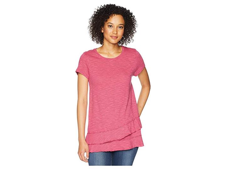 Mod-o-doc Slub Mini Stripe Asymmetrical Flounce Hem Top (desert Rose) Women's T Shirt