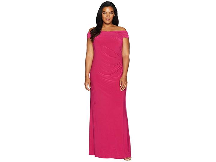 Adrianna Papell Plus Size Off The Shoulder Stretch Jersey Long Gown (bright Syrah) Women's Dress