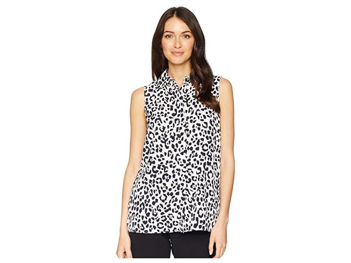 Ellen Tracy Sleeveless Boyfriend Shirt (bali Leopard/wisteria) Women's Blouse