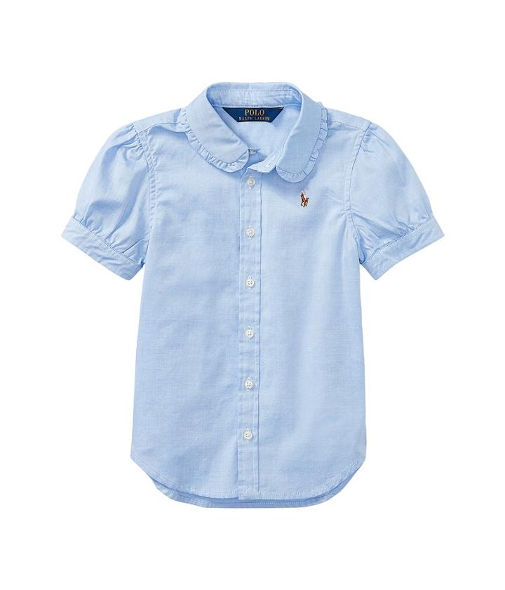 Polo Ralph Lauren Kids Solid Oxford Shirt (little Kids) (blue Hyacinth/pink Multi Pony Player) Girl's Short Sleeve Button Up