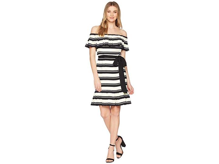 Halston Heritage Off Shoulder Flounce Sleeve Striped Dress (black/cream Stripe) Women's Dress