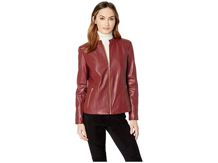 Cole Haan Faux Leather Ruffle Collar Jacket (ruby Red) Women's Coat