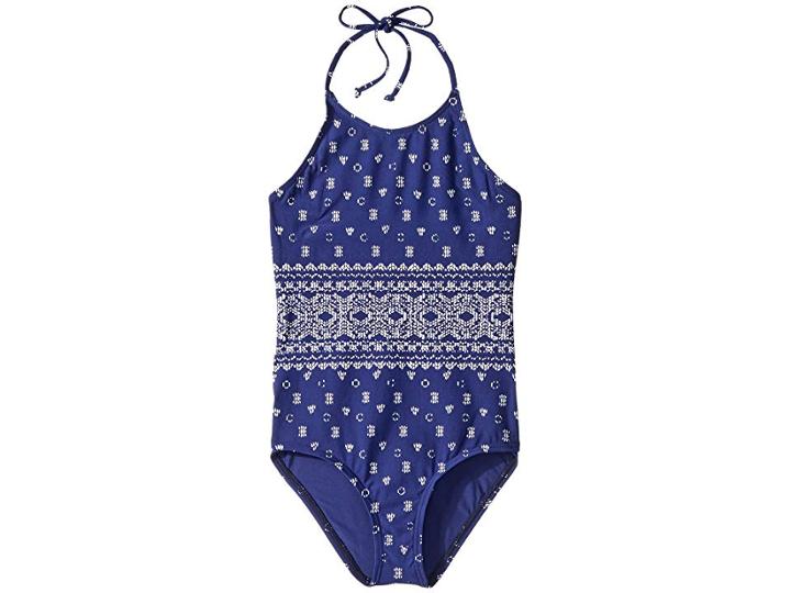 Splendid Littles Boarder Stripe High Neck One-piece (big Kid) (navy) Girl's Swimsuits One Piece