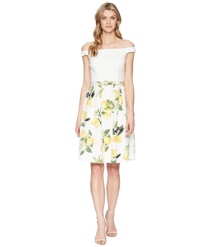 Adrianna Papell Fresh Lemon Off The Shoulder Dress (yellow Multi) Women's Dress