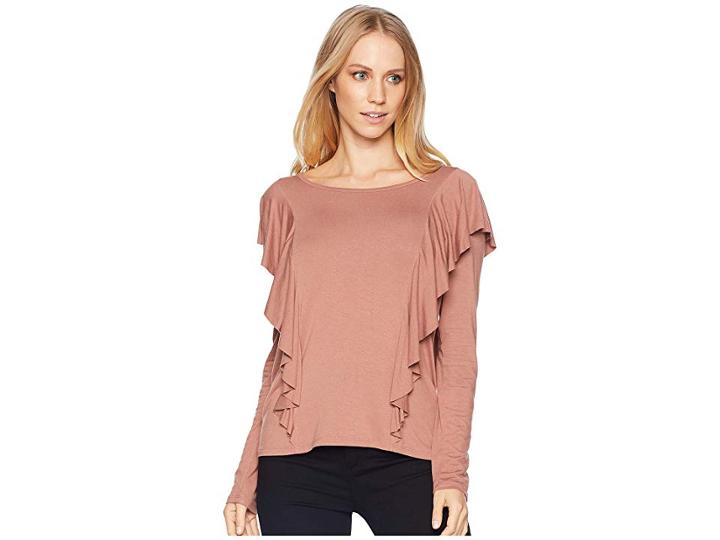 Frye Long Sleeve Ruffle Knit Top (burlwood) Women's Clothing