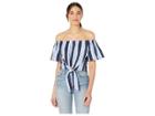 Juicy Couture Striped Tie Front Off The Shoulder Top (regal/beach Blue Sunset) Women's Clothing