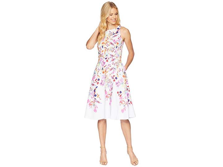 Tahari By Asl Floral Print Fit And Flare Dress (white/azalea/royal) Women's Dress