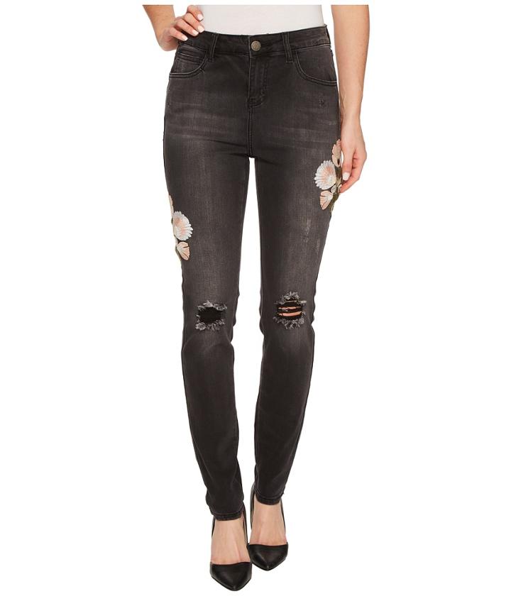 Romeo & Juliet Couture Distressed Floral Embroidery Denim Pants (black) Women's Casual Pants