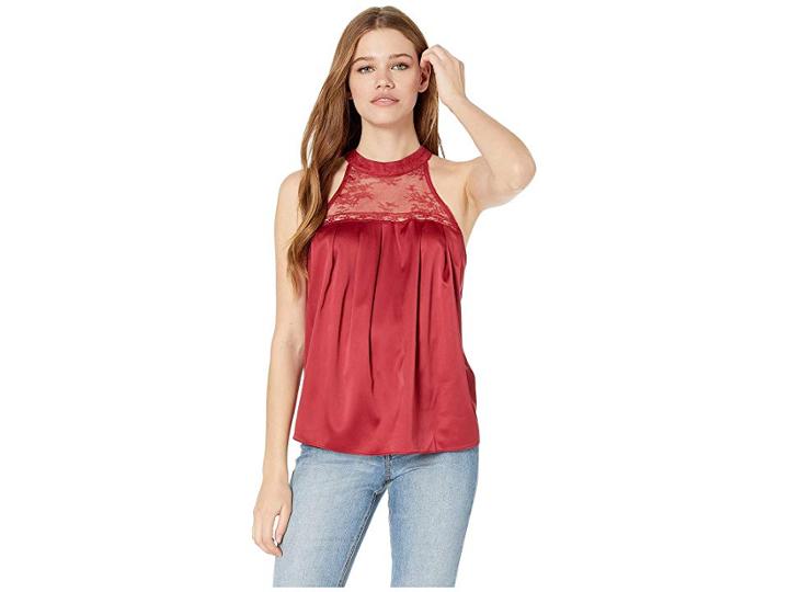 Miss Me Lace Trim Keyhole Back Halter Top (red Wine) Women's Clothing