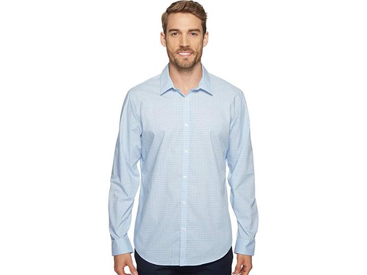 Calvin Klein Slim Fit Long Sleeve Infinite Cool Button Down Check Shirt (blue Capri) Men's Clothing