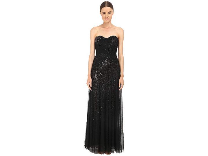 Marchesa Sequin Gown W/ Draped Tulle Overlay (black) Women's Dress