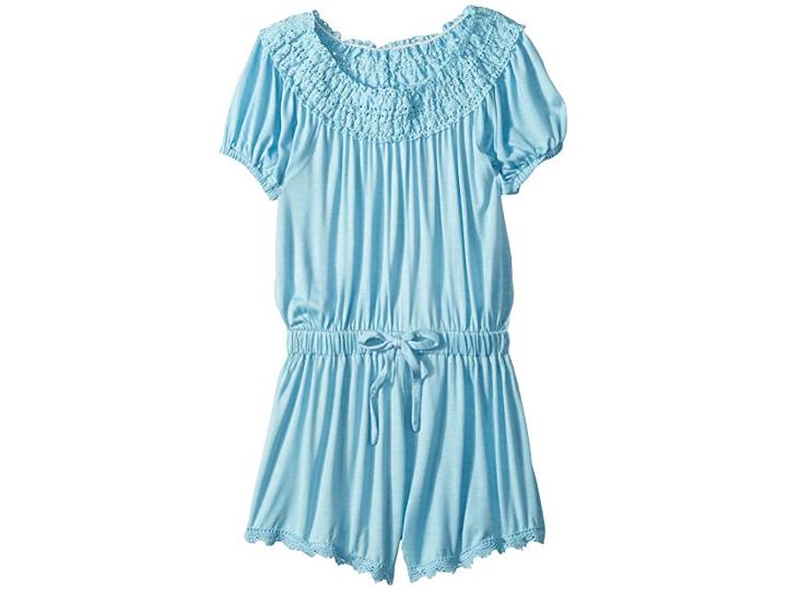 Ella Moss Girl Crochet Fringe Trimp Romper (big Kids) (sky Blue) Girl's Jumpsuit & Rompers One Piece