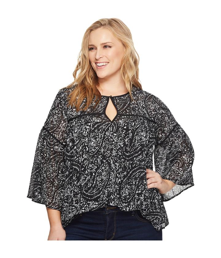 Lucky Brand Plus Size Printed Bell Sleeve Top (black Multi) Women's Long Sleeve Pullover