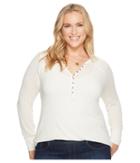 Lucky Brand Plus Size Embroidered Mix Henley (marshmallow) Women's Long Sleeve Pullover