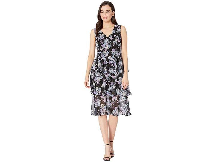 Nine West V-neck Triple Tier Dress (black/sky Multi) Women's Dress