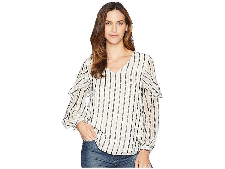 Calvin Klein Bubble Sleeve W/ Ruffle Detail (soft White/latte) Women's Blouse