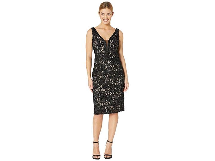Marina Short Sleeve Sequin Soutache Dress With Illusion Plunge Neck (black/nude) Women's Clothing