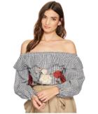 J.o.a. Embroidered Off The Shoulder Top (black/white Gingham) Women's Clothing