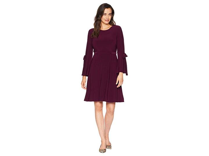 Nine West Ity 3/4 Sleeve Fit Flare Dress W/ Bow Detail (raisin) Women's Dress