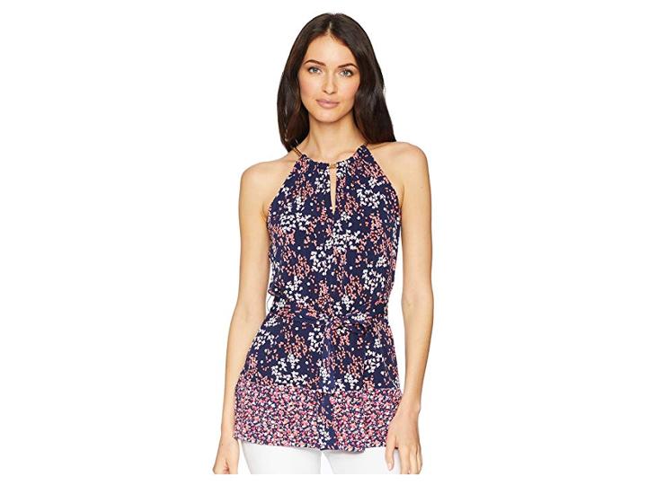Michael Michael Kors Blooms Trim Neck Tunic (true Navy/bright Blush) Women's Clothing