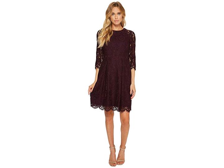 Vince Camuto Lace Three Quarter Sleeve Fit Flare Dress (aubergine) Women's Dress