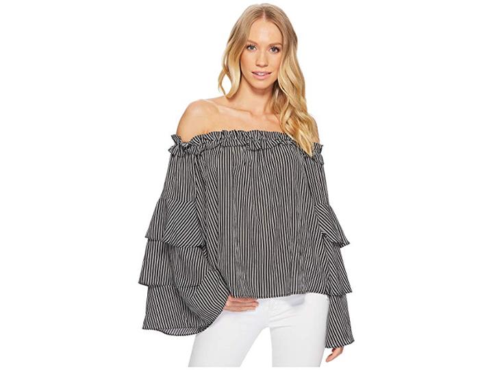 J.o.a. Off The Shoulder Tiered Sleeve Top (black Stripe) Women's Clothing