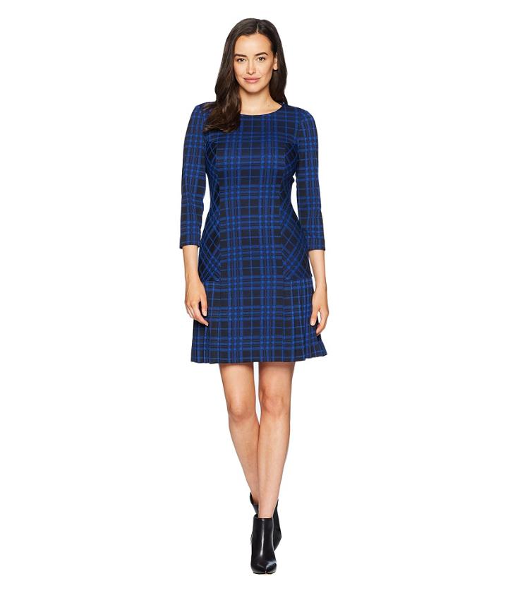 Tahari By Asl 3/4 Sleeve Dress With Kick Pleat (black/cobalt Blue) Women's Dress