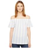 Two By Vince Camuto Off The Shoulder Stripe Seersucker Side Slit Tunic (stormy Blue) Women's Short Sleeve Pullover