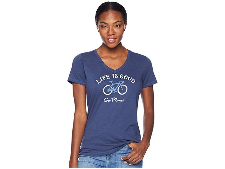 Life Is Good Go Places Bike Crusher Vee T-shirt (darkest Blue) Women's T Shirt