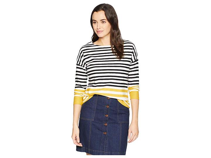 Joules Rima Button Back Jersey Top (black Ochre Stripe) Women's Clothing