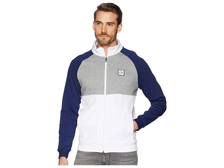 Calvin Klein Color Block Mock Neck Full Zip Sweater (brilliant White) Men's Sweater