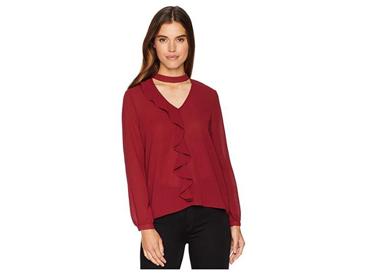 Jack By Bb Dakota Tell Me More Textured Crepe De Chine Ruffle Top (currant Red) Women's Clothing