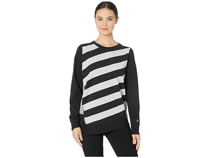 Champion Heritage Fleece Asymmetrical Stripe Crew (imperial Indigo/oxford Grey Heather) Women's Clothing