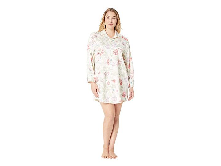 Lauren Ralph Lauren Plus Size Sateen Long Sleeve His Shirt Sleepshirt (ivory Floral Print) Women's Pajama
