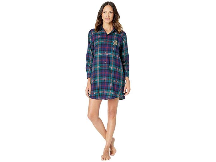 Lauren Ralph Lauren Brushed Twill His Shirt Sleepshirt (green Plaid) Women's Pajama