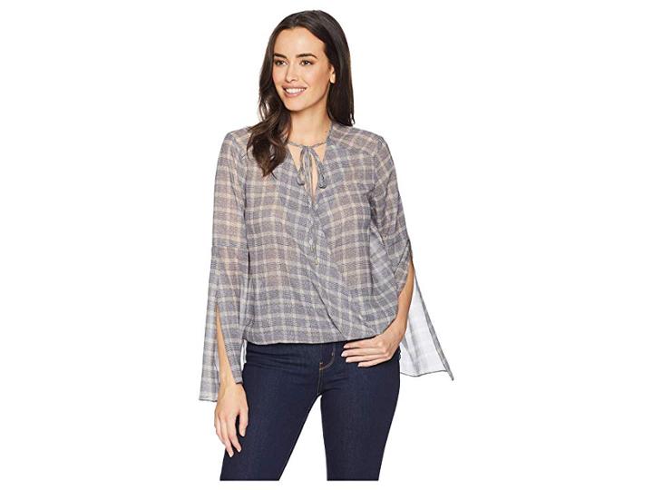 Kenneth Cole New York Wrapped Front Flouncy Sleeve Top (windowpane Plaid/peach) Women's Clothing