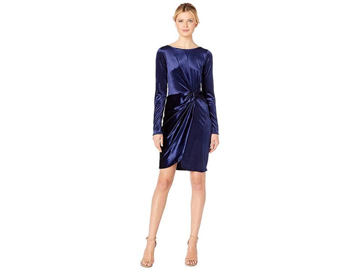 Three Dots Long Sleeve Stretch Panne Velvet Dress With Twist (navy) Women's Dress
