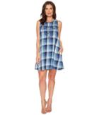 Mod-o-doc Stone Washed Indigo Plaid Embroidered A-line Tank Dress (multi Blue) Women's Dress