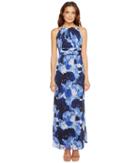 Sangria Dark Floral Print Chiffon Maxi With Chain Strap Detail (blue/multi) Women's Dress