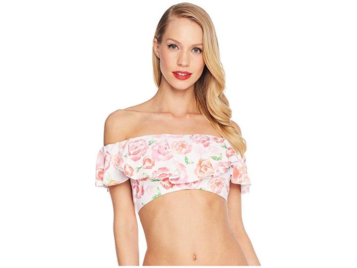 Unique Vintage Ramona Off Shoulder Top (white/pink Floral) Women's Swimwear