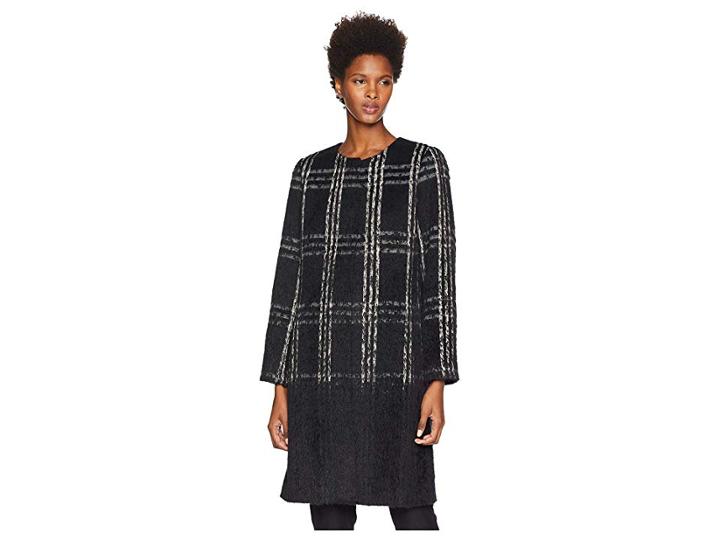 Eileen Fisher Alpaca Shadow Plaid Round Neck Coat (black) Women's Coat